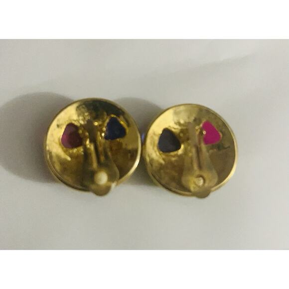 VGT Gripoix Glass Sapphire Emerald Ruby Cabochon Stone Gold Tone Hoop Earrings - Picture 2 of 5